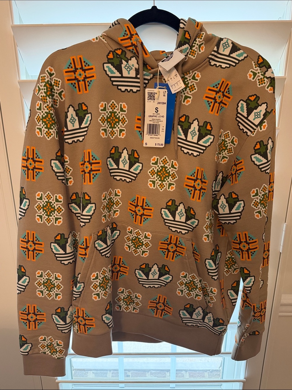 Adidas Mens Tan Graphic Hoodie with Orange & Green Motif - size Men S